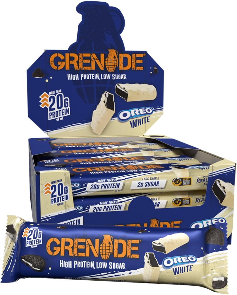 Grenade OREO White High Protein, Low Sugar Bars, 12 x 60 g – 21 g Protein per Snack Bar with Crunchy OREO Pieces & White Chocolate Coating