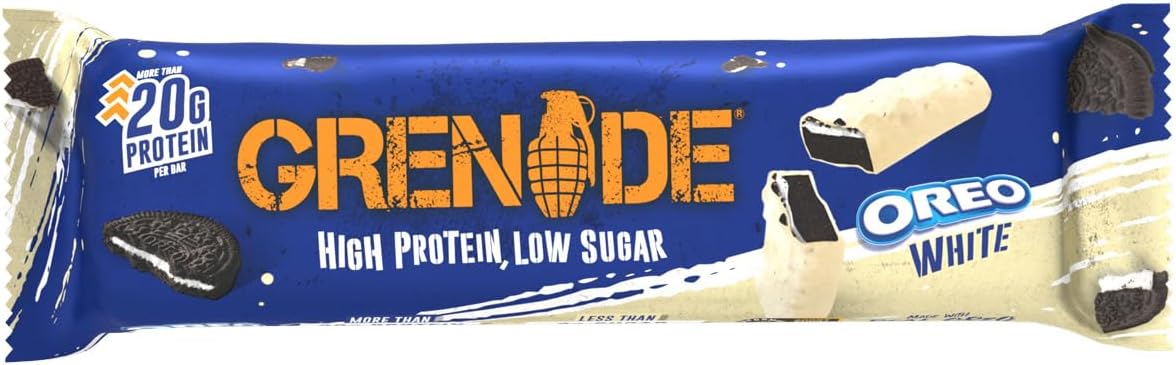 Grenade OREO White High Protein, Low Sugar Bars, 12 x 60 g – 21 g Protein per Snack Bar with Crunchy OREO Pieces & White Chocolate Coating