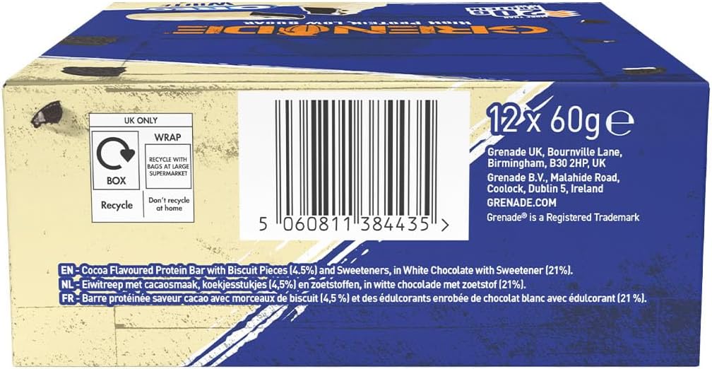 Grenade OREO White High Protein, Low Sugar Bars, 12 x 60 g – 21 g Protein per Snack Bar with Crunchy OREO Pieces & White Chocolate Coating