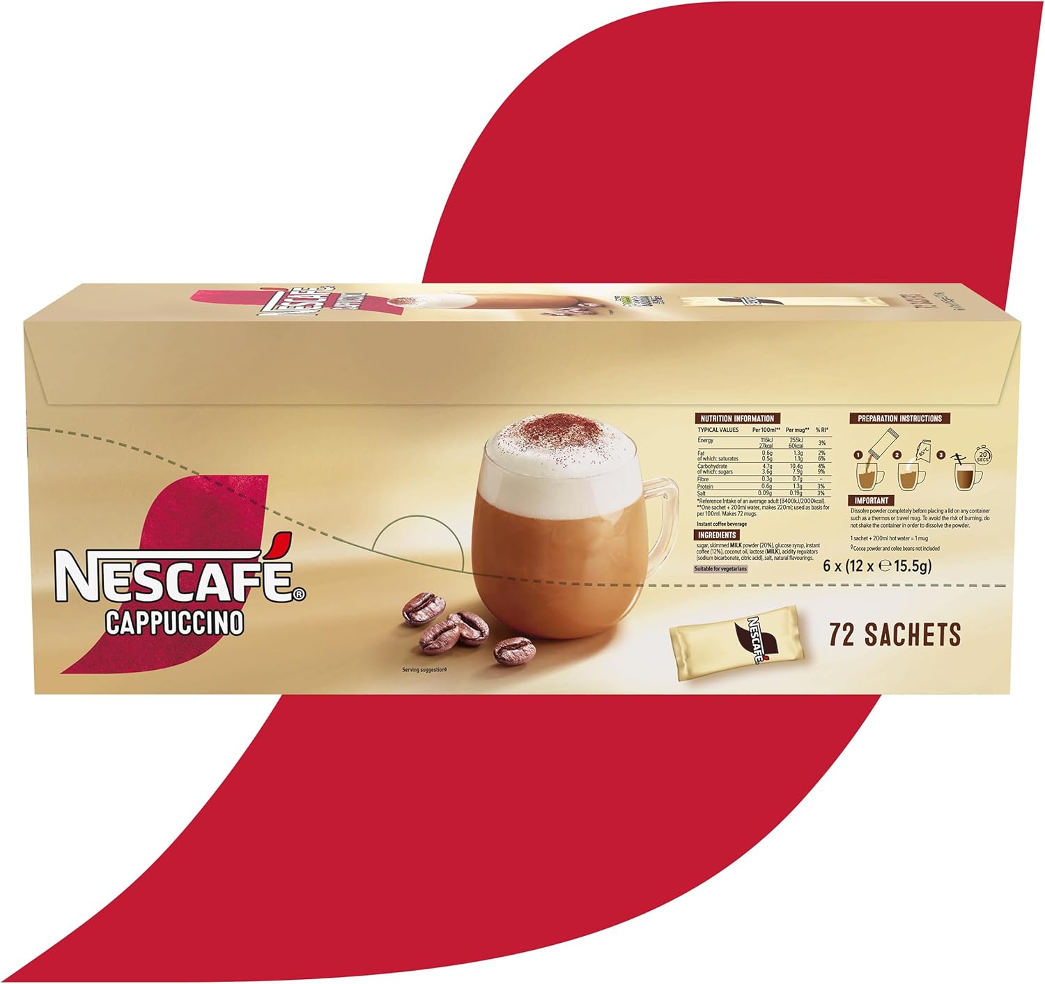 NESCAFÉ Cappuccino Instant Coffee Sachets - 72 x 15.5g